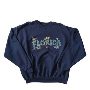 Navy Blue Colorful Butterfly Florida Graphic Print Crew Neck Pullover Sweatshirt
